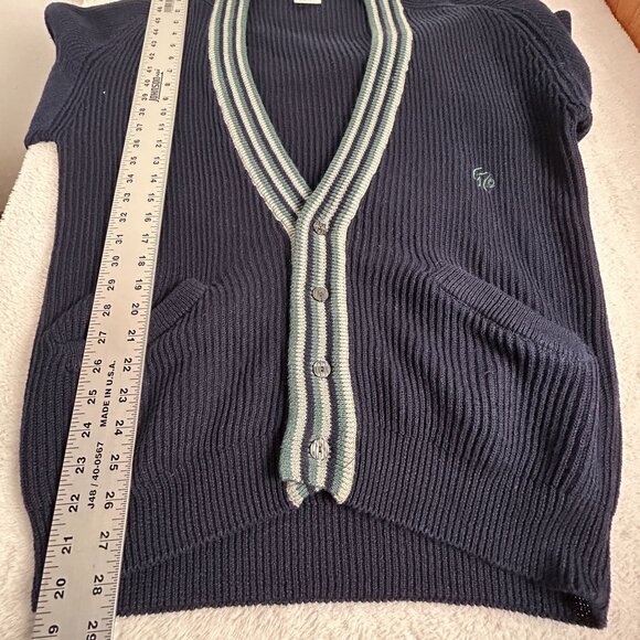 Generra Mens Navy Cardigan Sweater Medium Ramie Cotton V-Neck Stripe Trim Button - Picture 8 of 8